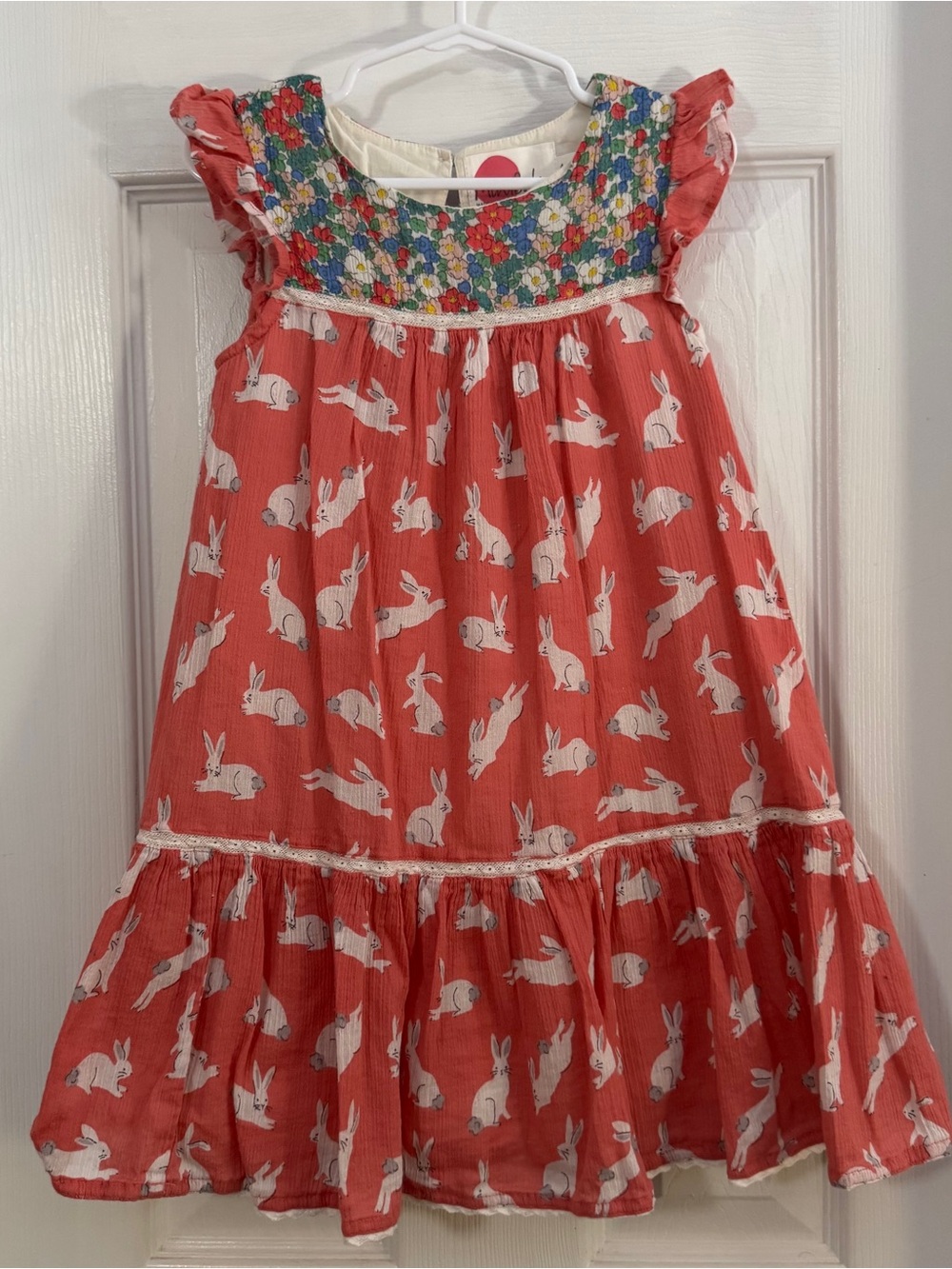 Mini Boden Baby Girl Red Dress with White Bunny Print and Floral Print